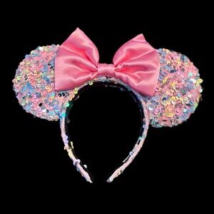 Gorgeous Handmade Pink Sequin with Satin Bow Minnie Ears Headband - NEW